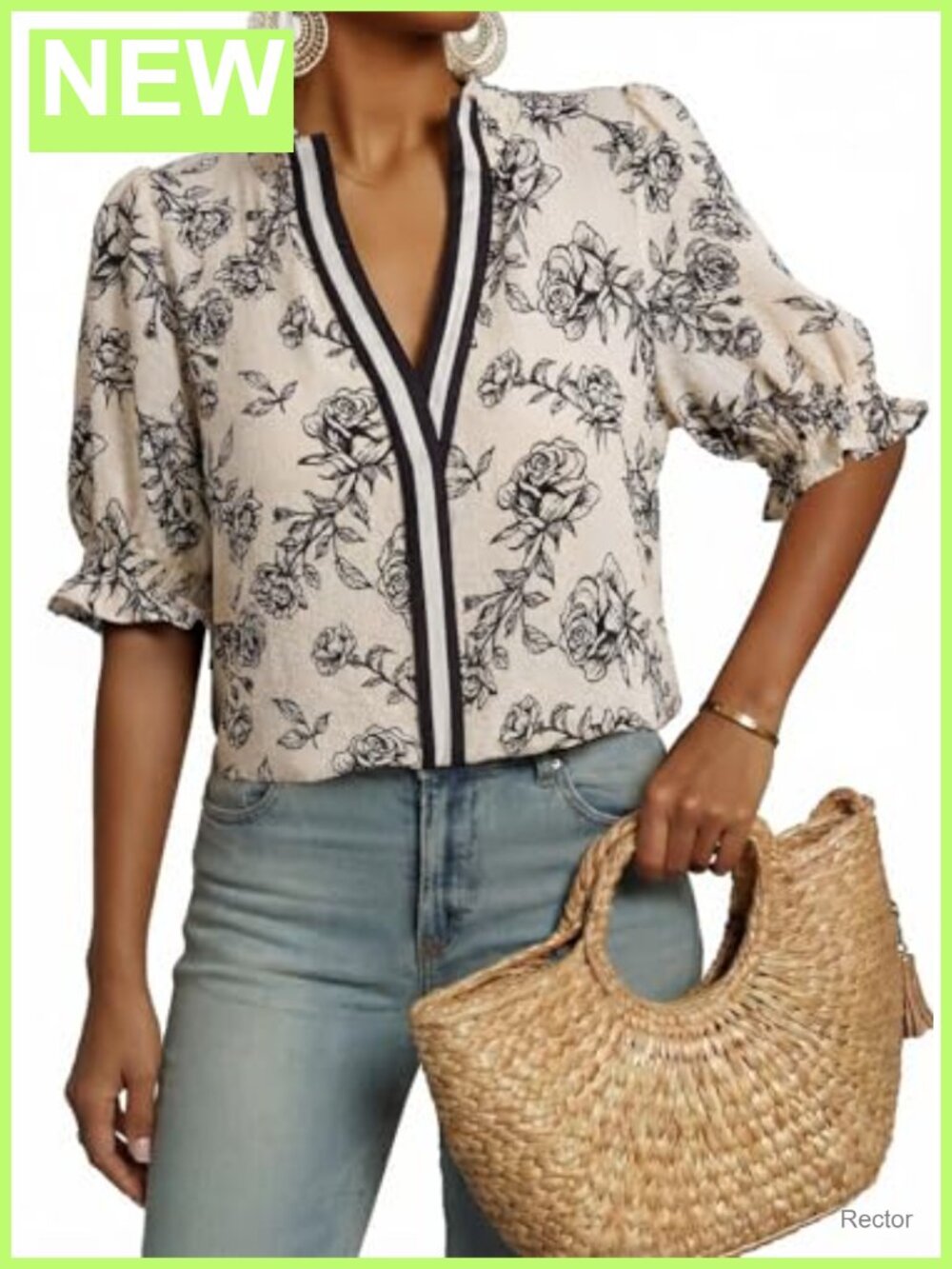 Womens Boho Floral Ruffle Puff Sleeve V Neck Blouse Top